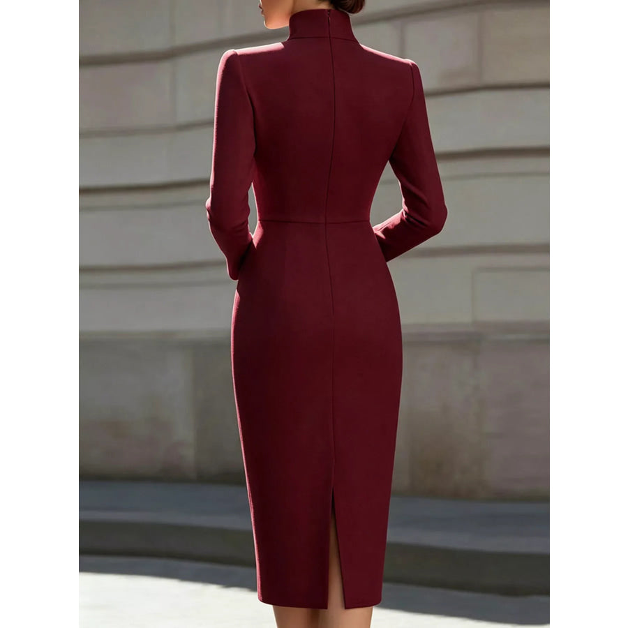 High Neck Long Sleeve Slit Dress Apparel and Accessories