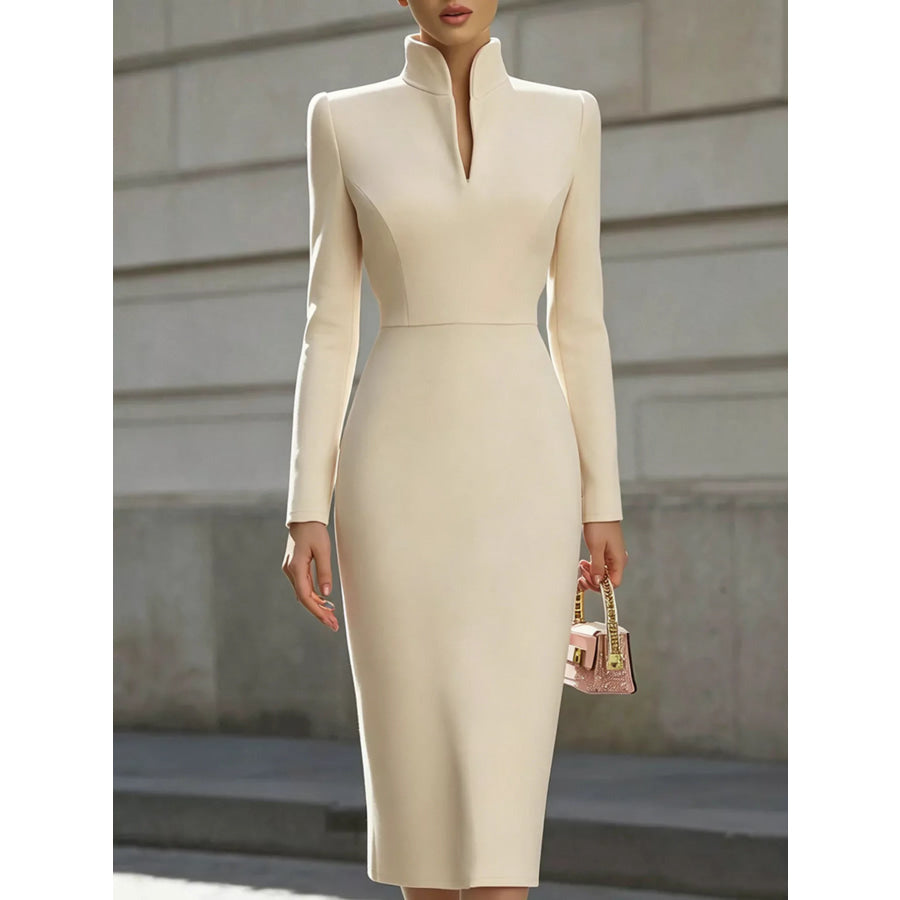 High Neck Long Sleeve Slit Dress Apricot / S Apparel and Accessories