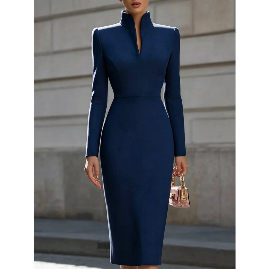 High Neck Long Sleeve Slit Dress Dark Blue / S Apparel and Accessories
