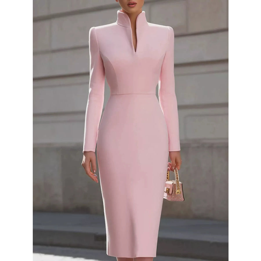 High Neck Long Sleeve Slit Dress Dusty Pink / S Apparel and Accessories
