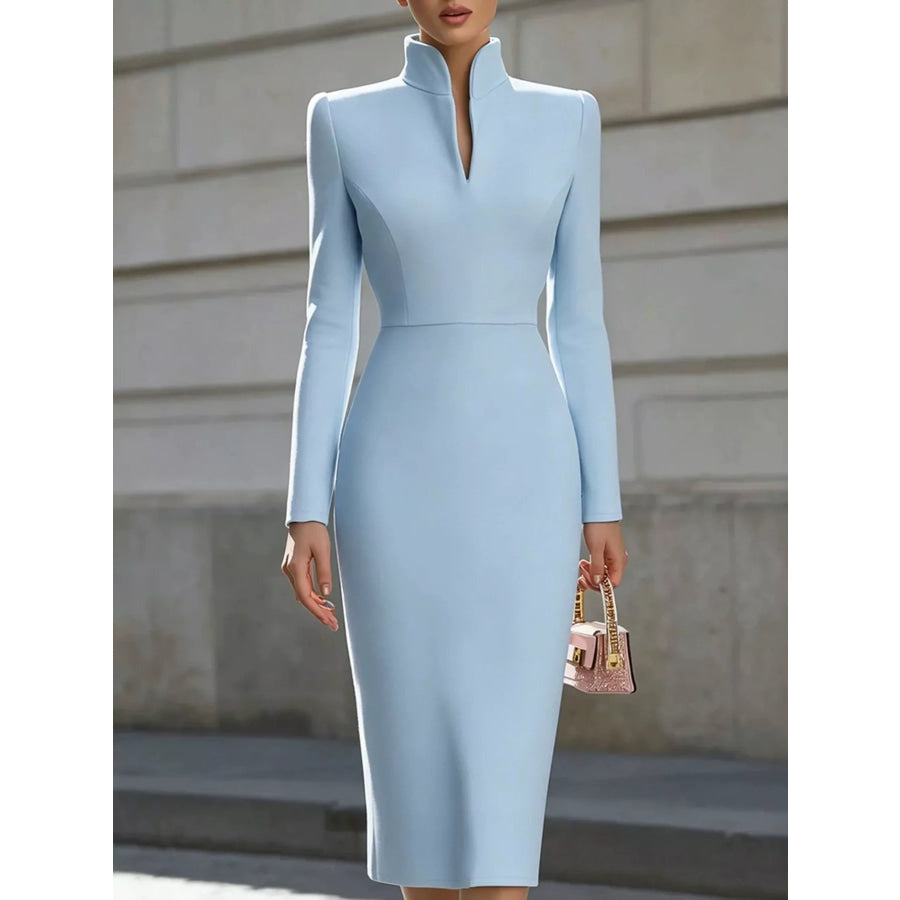 High Neck Long Sleeve Slit Dress Light Blue / S Apparel and Accessories