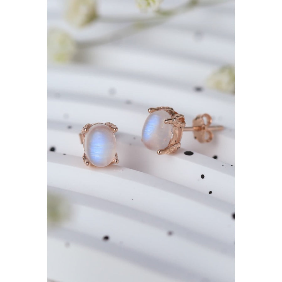 High Quality Natural Moonstone 925 Sterling Silver Stud Earrings Rose Gold / One Size