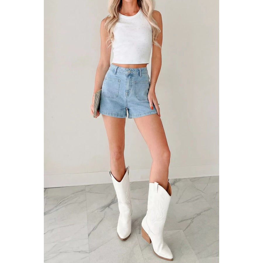High Rise Patch Pocket Denim Shorts Apparel and Accessories