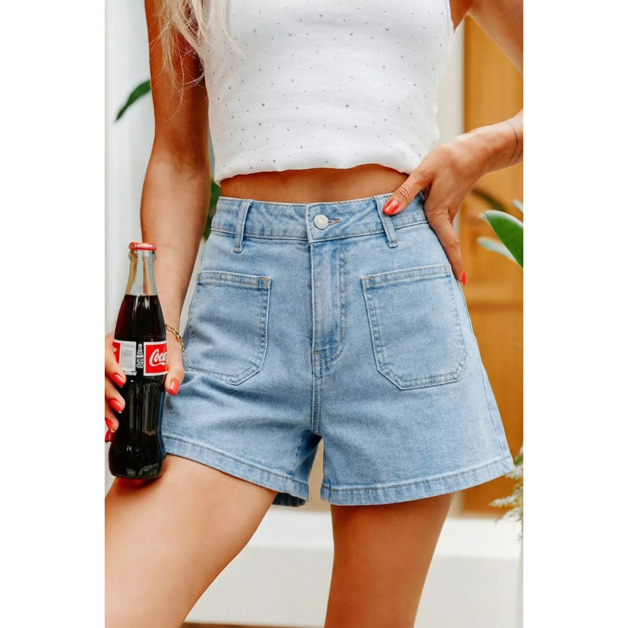 High Rise Patch Pocket Denim Shorts Light Blue / 4 Apparel and Accessories