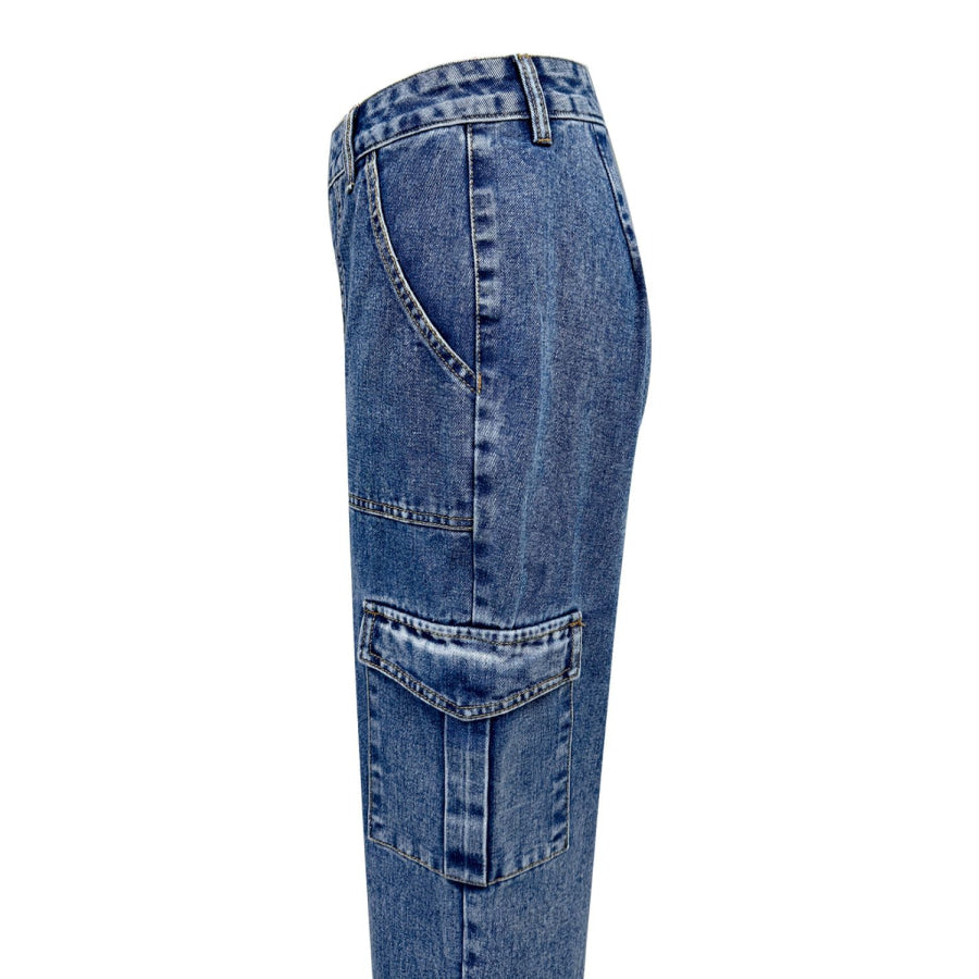 High Rise Straight Jeans with Cargo Pockets Apparel and Accessories