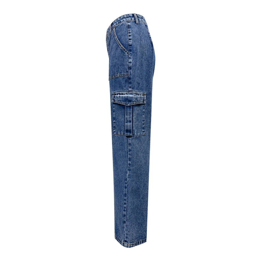 High Rise Straight Jeans with Cargo Pockets Apparel and Accessories