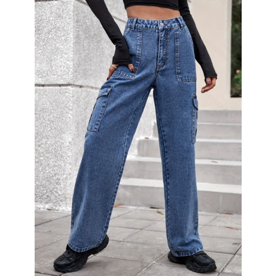 High Rise Straight Jeans with Cargo Pockets Apparel and Accessories