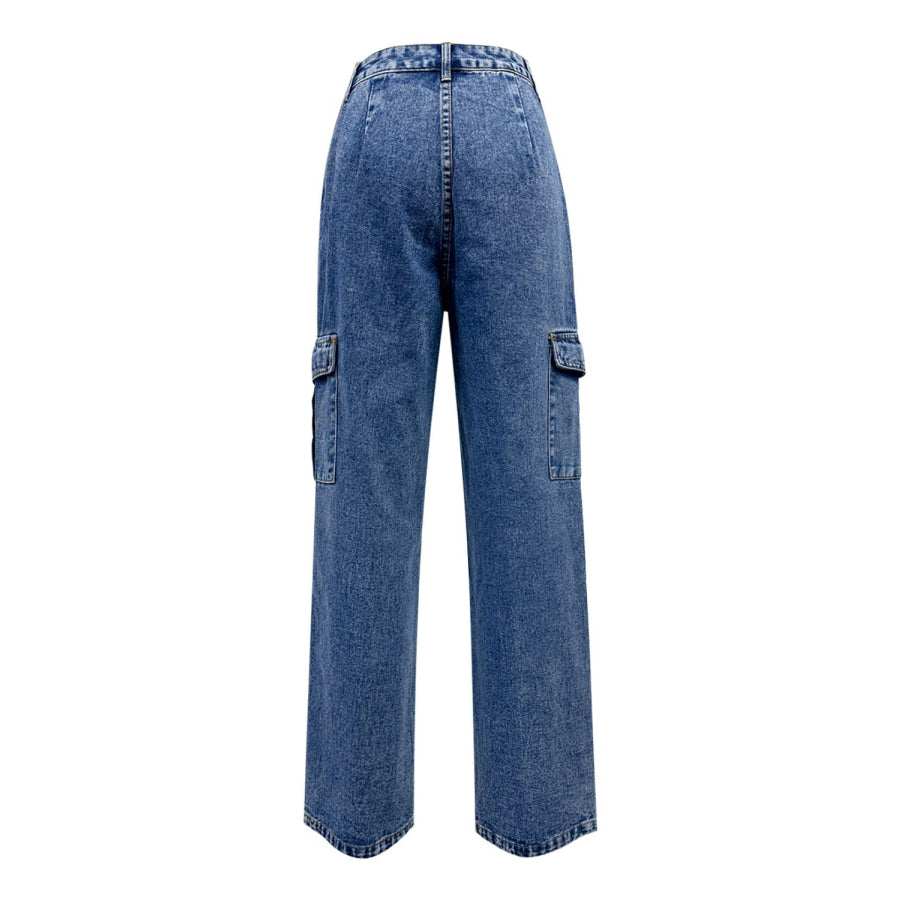 High Rise Straight Jeans with Cargo Pockets Apparel and Accessories