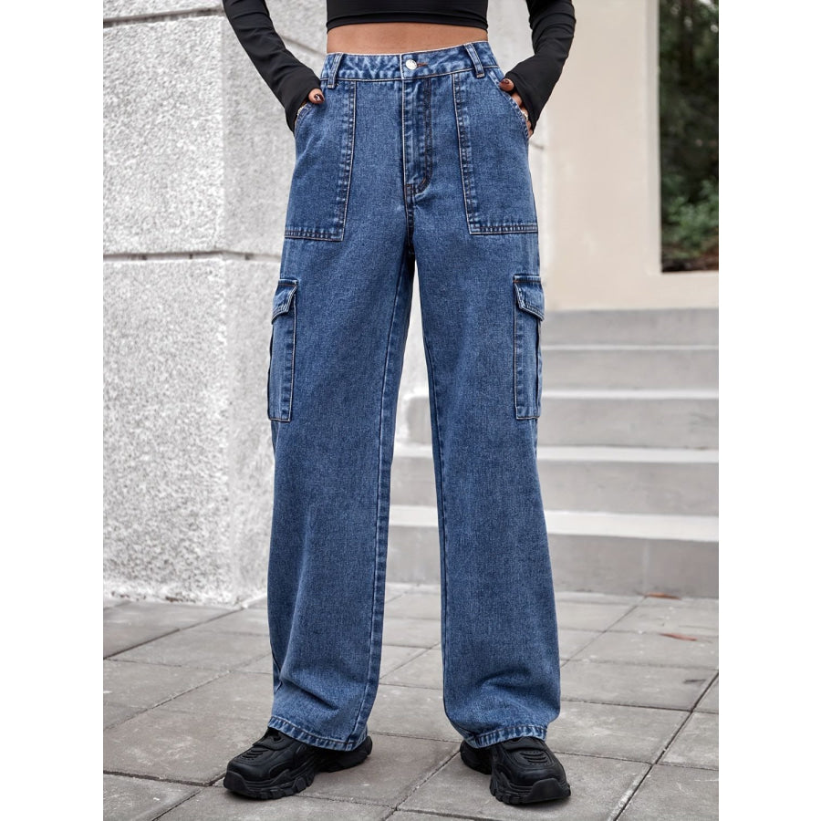 High Rise Straight Jeans with Cargo Pockets Medium / XS Apparel and Accessories