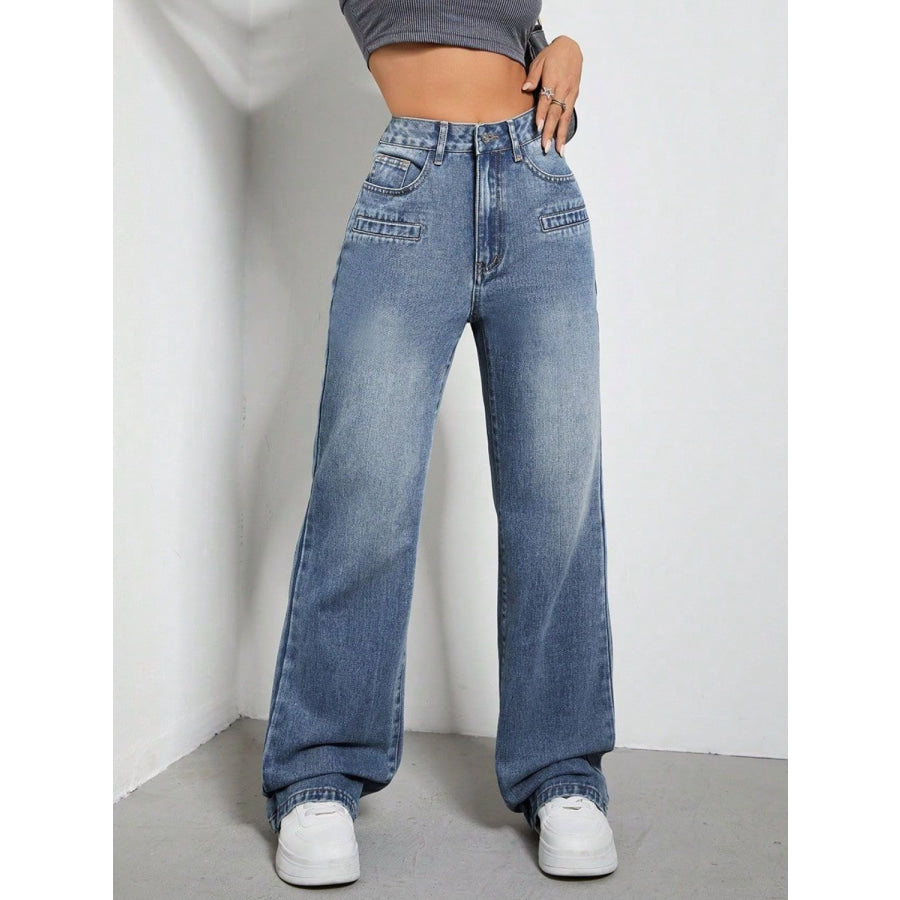 High Rise Wide Leg Jeans with Pockets Apparel and Accessories