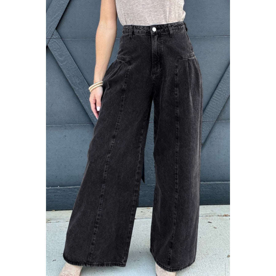 High Rise Wide Leg Jeans with Pockets Black / 6 Apparel and Accessories