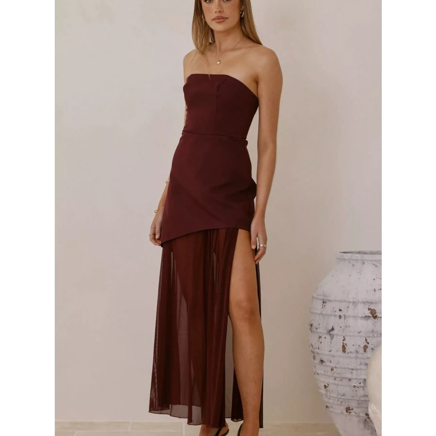 High Slit Mesh Tube Maxi Dress Apparel and Accessories