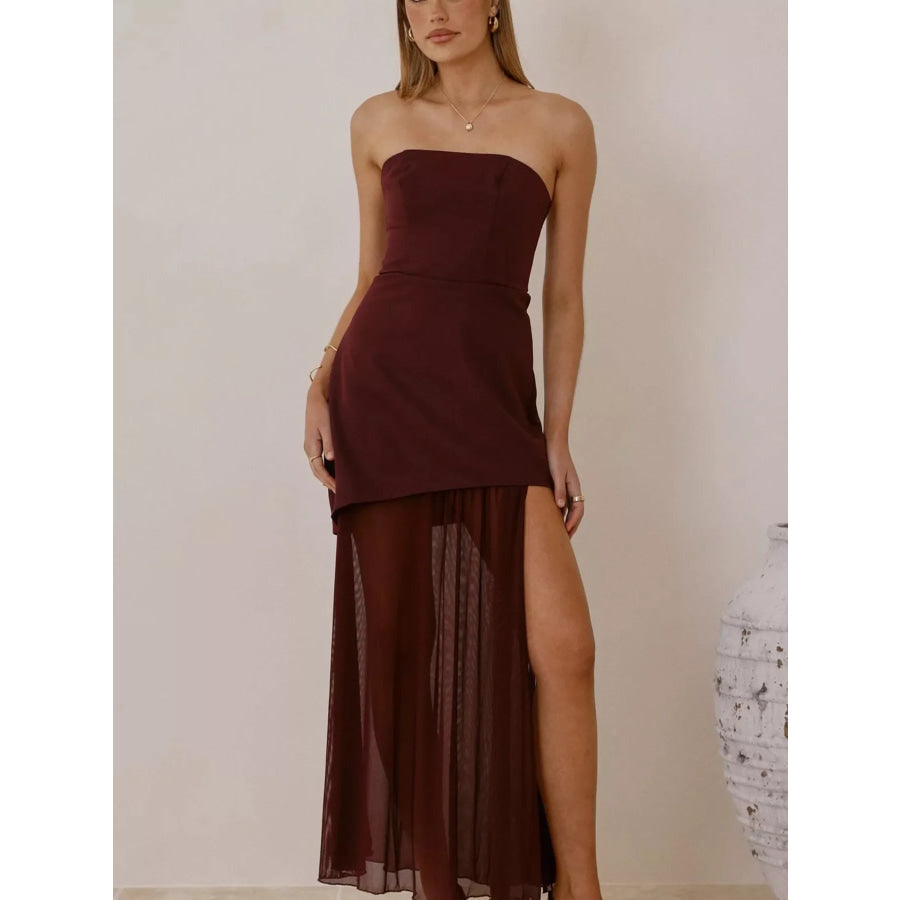 High Slit Mesh Tube Maxi Dress Burgundy / S Apparel and Accessories