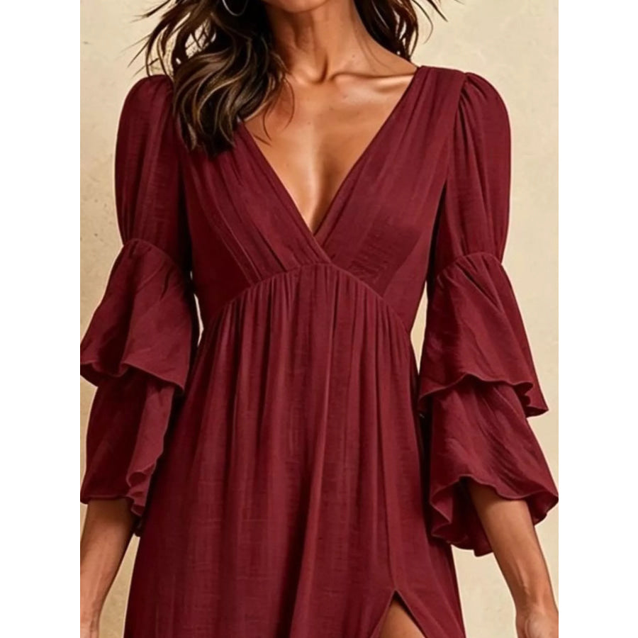 High Slit Ruffle Sleeve Maxi Dress Burgundy / S Apparel and Accessories