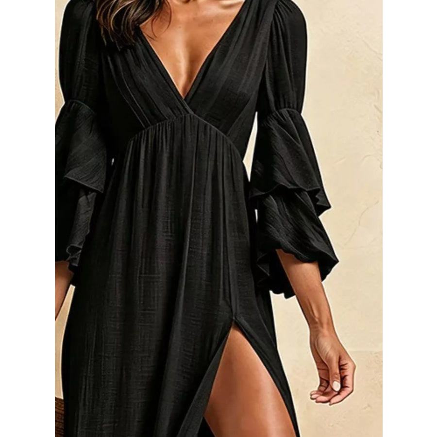 High Slit Ruffle Sleeve Maxi Dress Apparel and Accessories