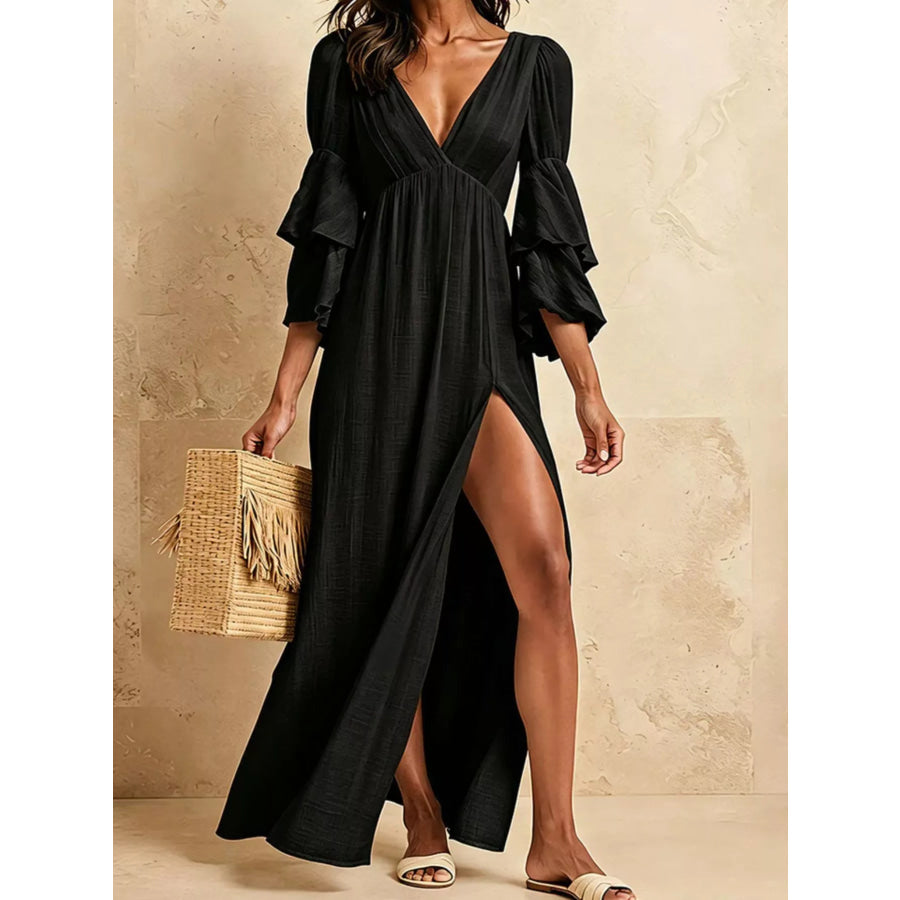 High Slit Ruffle Sleeve Maxi Dress Black / S Apparel and Accessories