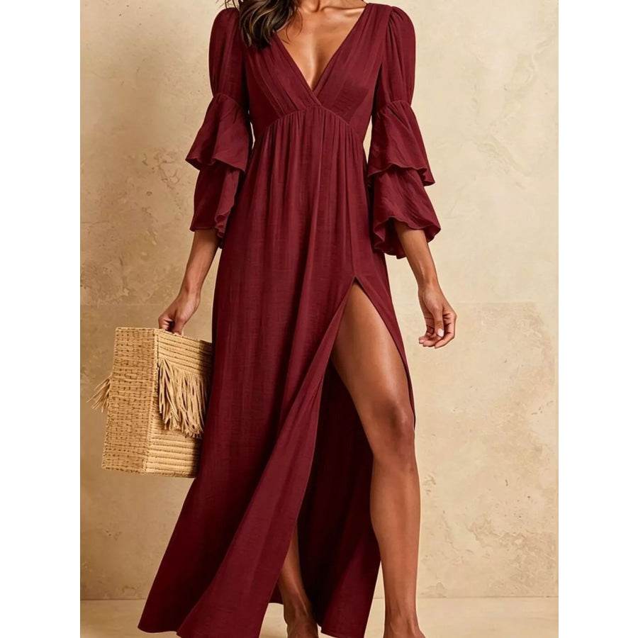 High Slit Ruffle Sleeve Maxi Dress Burgundy / S Apparel and Accessories