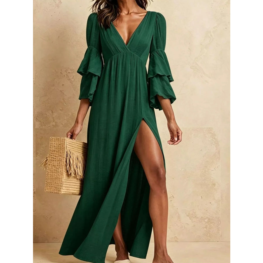 High Slit Ruffle Sleeve Maxi Dress Dark Green / S Apparel and Accessories
