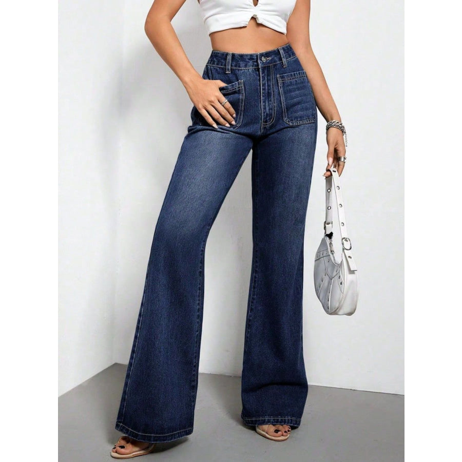 High Waist Bootcut Jeans with Pockets Apparel and Accessories