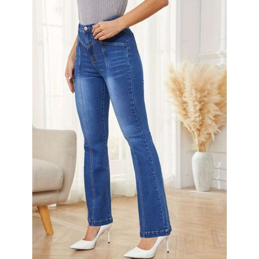 High Waist Bootcut Jeans with Pockets Apparel and Accessories