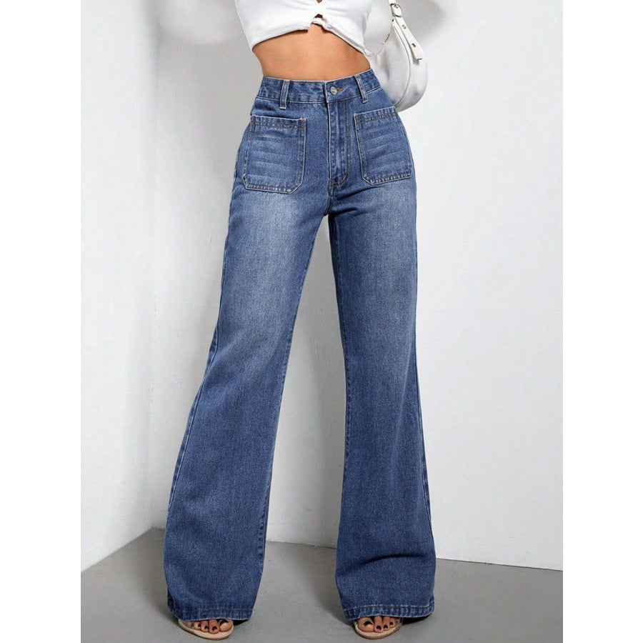 High Waist Bootcut Jeans with Pockets Apparel and Accessories