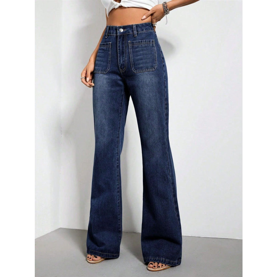 High Waist Bootcut Jeans with Pockets Apparel and Accessories