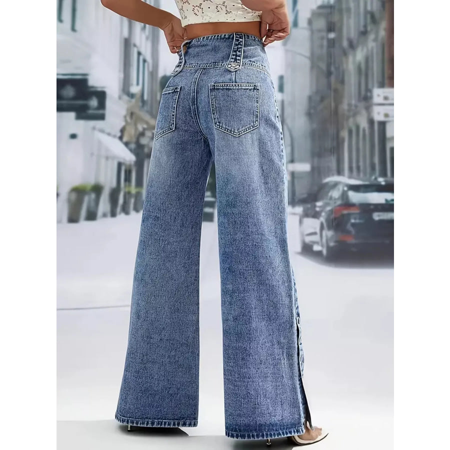 High Waist Button Decor Wide Leg Jeans Apparel and Accessories