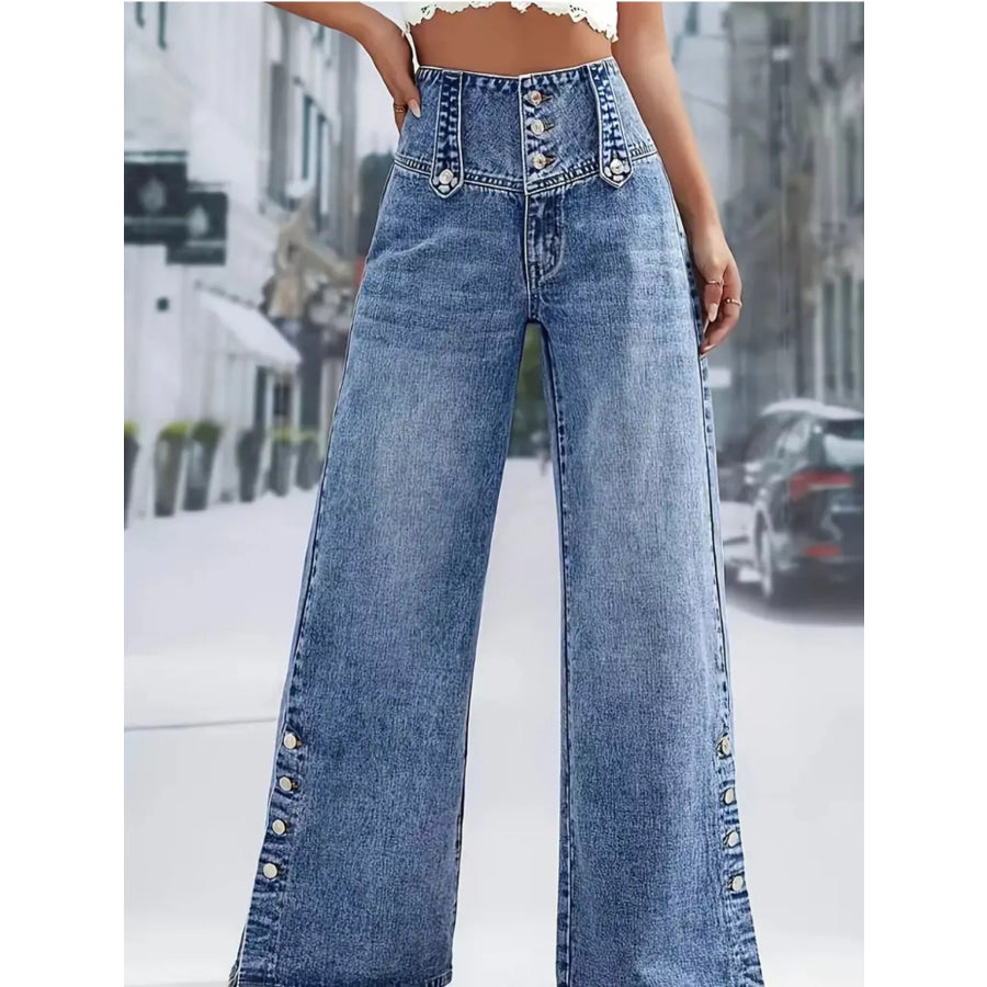 High Waist Button Decor Wide Leg Jeans Apparel and Accessories