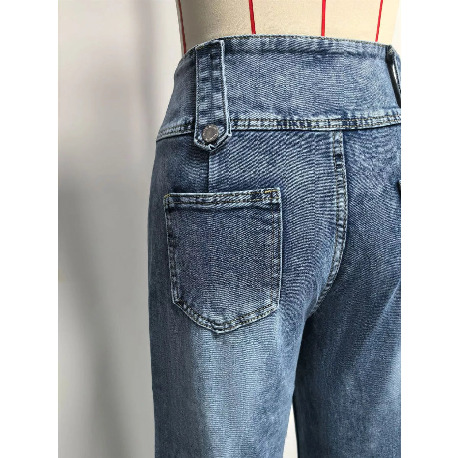 High Waist Button Decor Wide Leg Jeans Apparel and Accessories