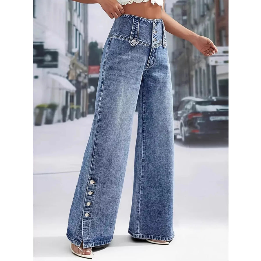 High Waist Button Decor Wide Leg Jeans Apparel and Accessories