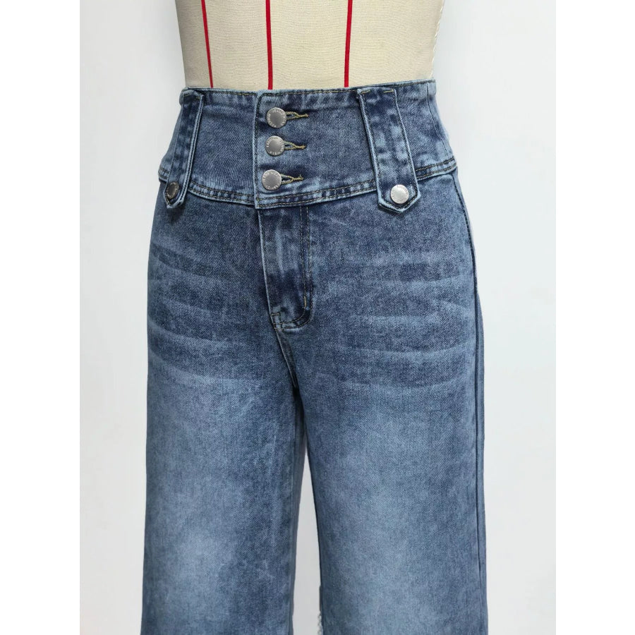 High Waist Button Decor Wide Leg Jeans Apparel and Accessories
