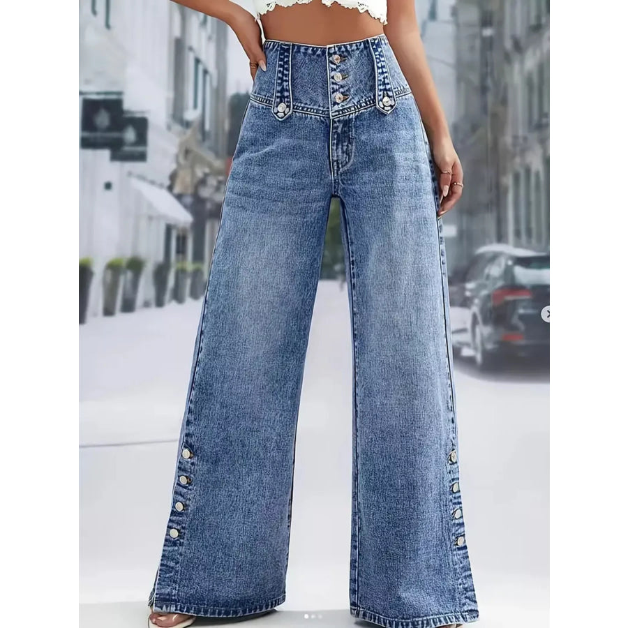 High Waist Button Decor Wide Leg Jeans Blue / S Apparel and Accessories
