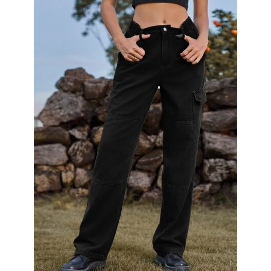 High Waist Cargo Straight Jeans Black / S Apparel and Accessories