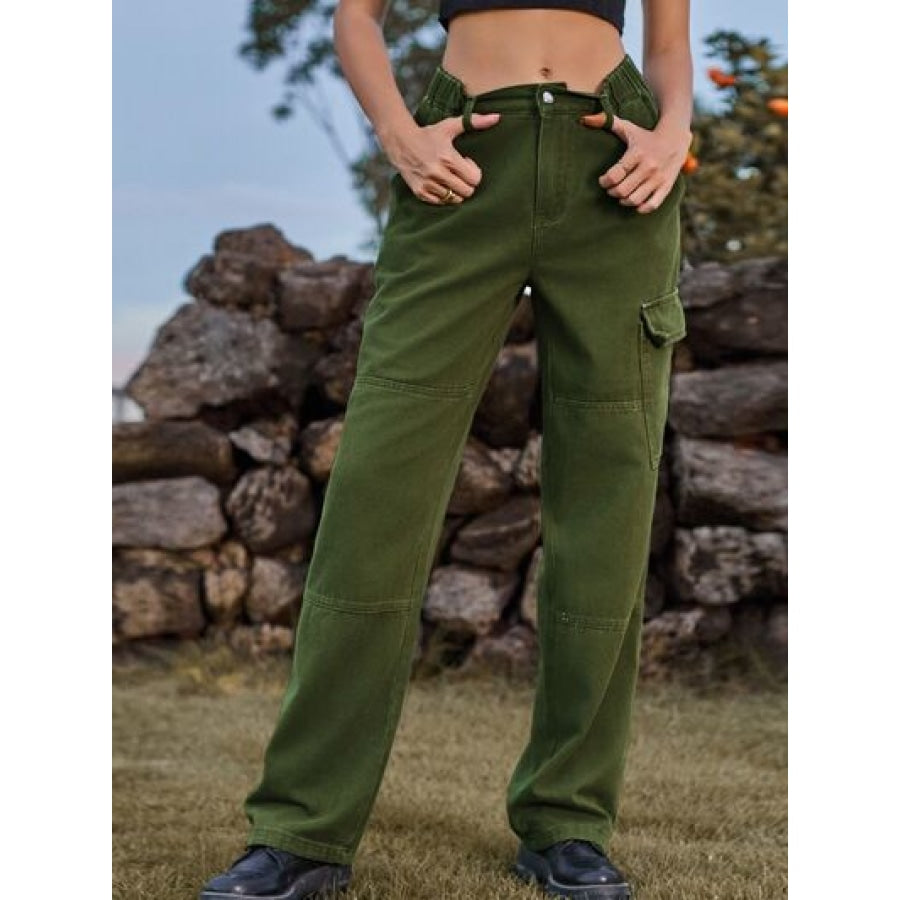 High Waist Cargo Straight Jeans Green / S Apparel and Accessories