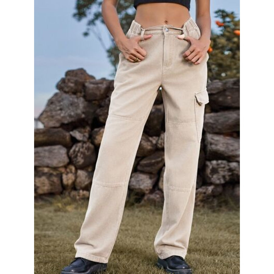 High Waist Cargo Straight Jeans Sand / S Apparel and Accessories