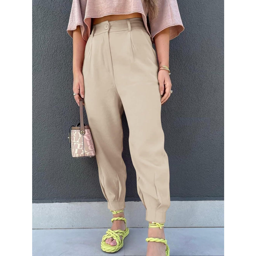 High Waist Cropped Pants Khaki / S Apparel and Accessories