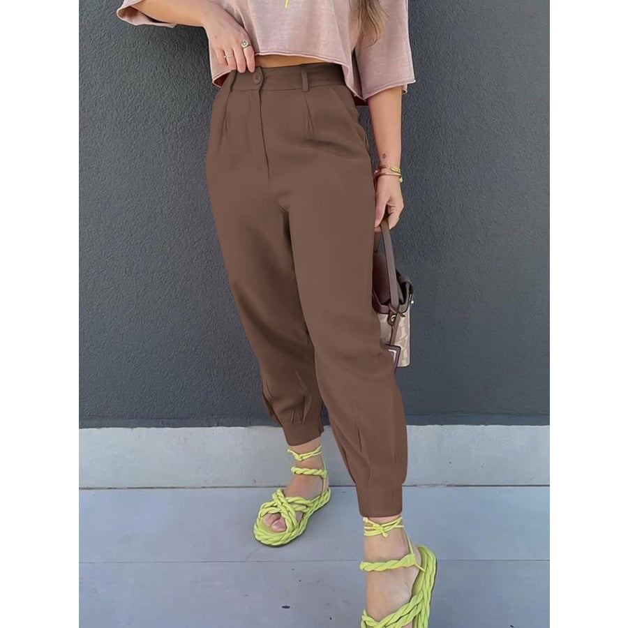 High Waist Cropped Pants Coffee Brown / S Apparel and Accessories