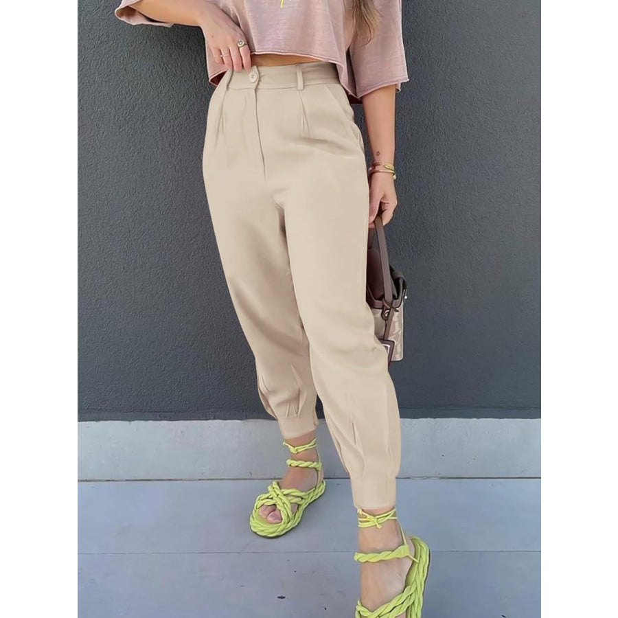 High Waist Cropped Pants Khaki / S Apparel and Accessories