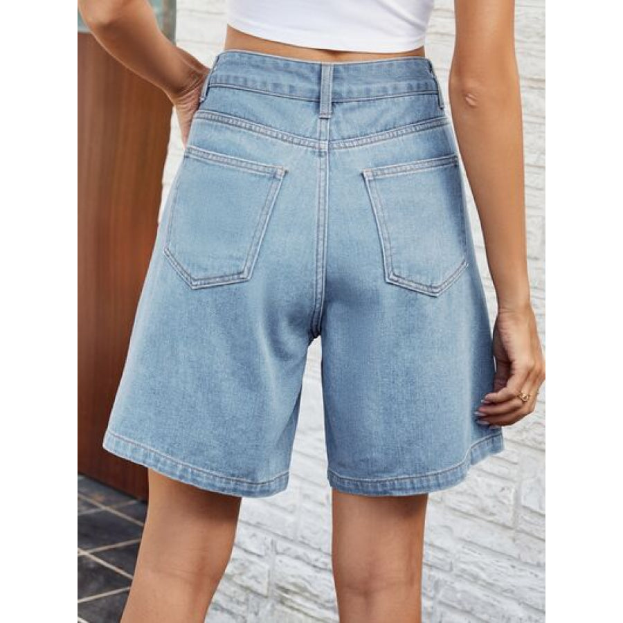 High Waist Denim Shorts with Pockets Apparel and Accessories