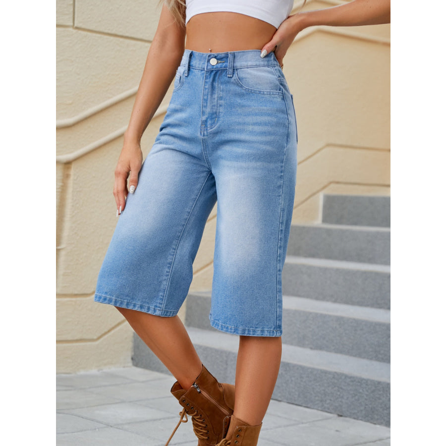 High Waist Denim Shorts with Pockets Apparel and Accessories