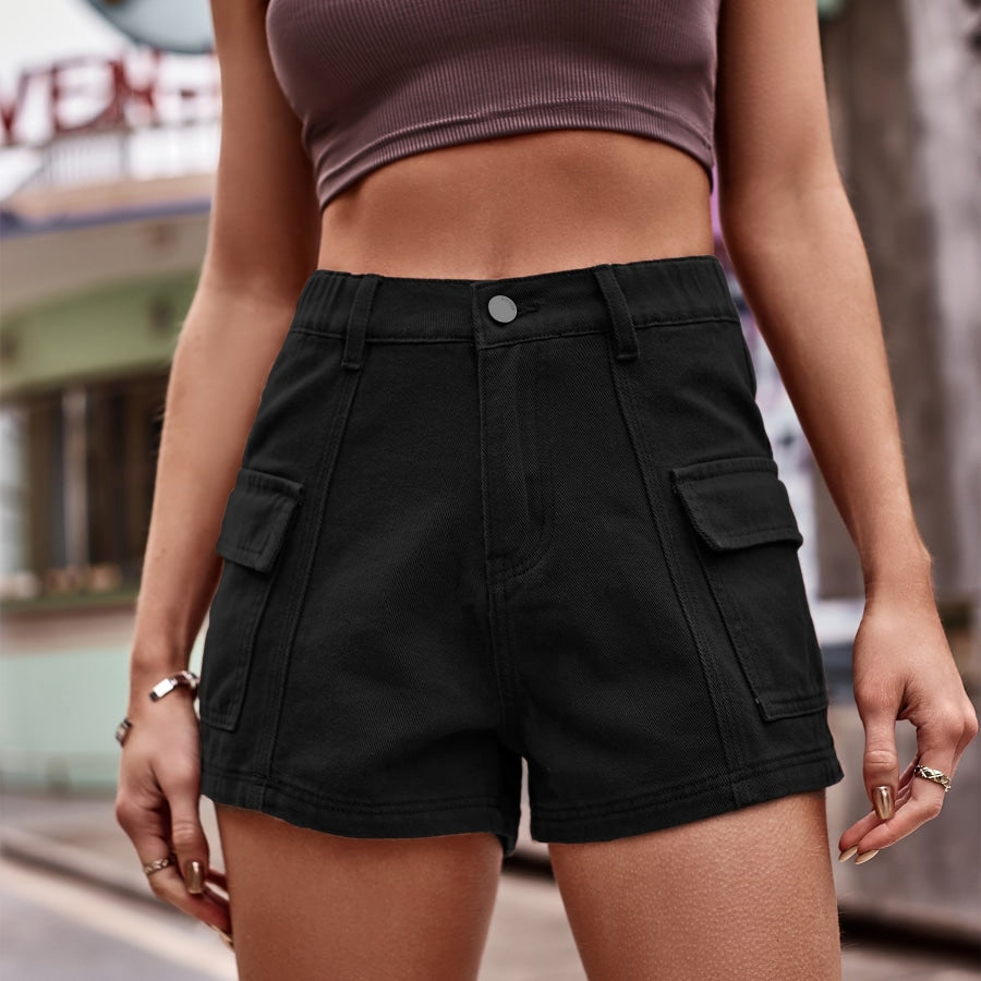 High-Waist Denim Shorts with Pockets Black / S