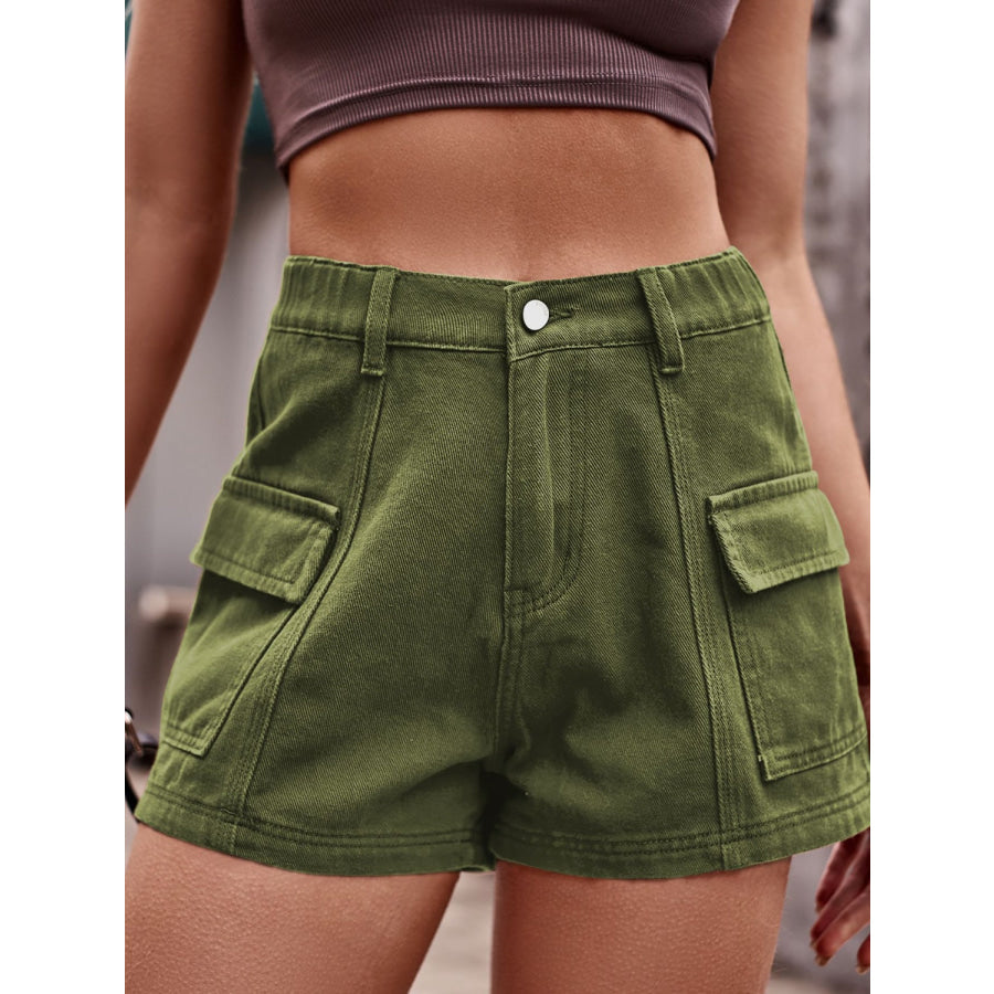 High Waist Denim Shorts with Pockets Moss / S Apparel and Accessories