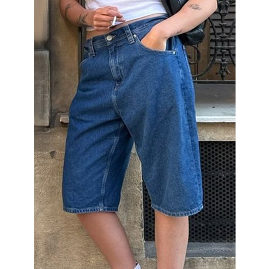 High Waist Denim Shorts with Pockets Navy / S Apparel and Accessories