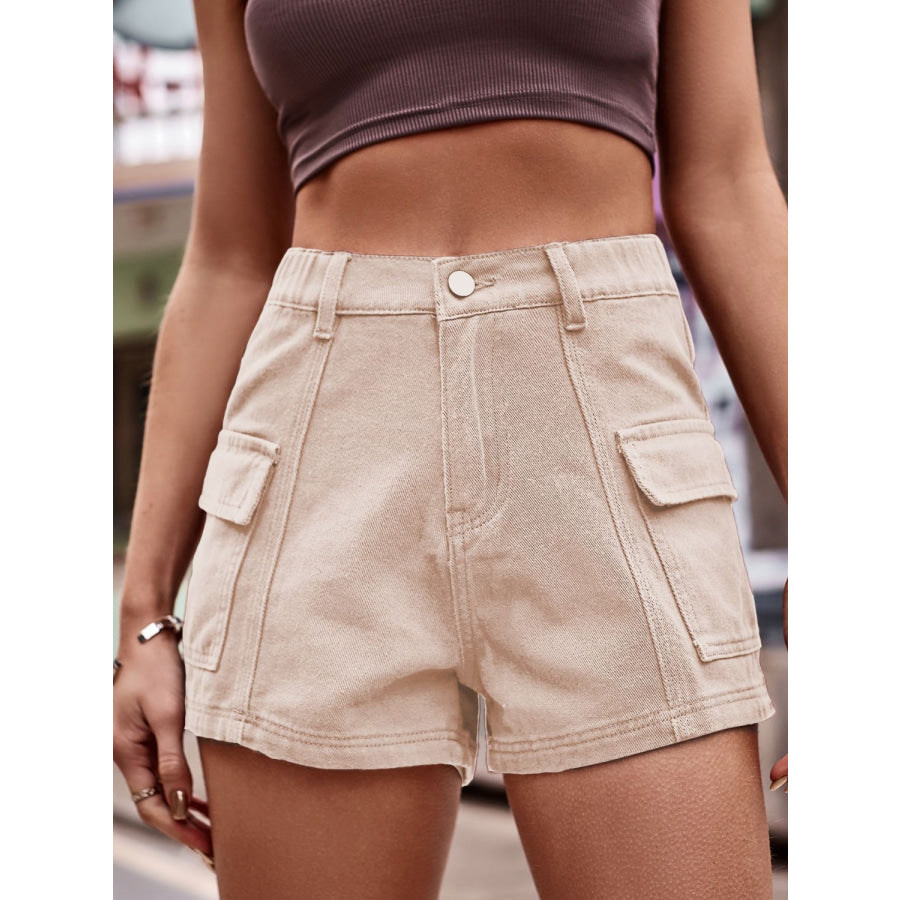 High Waist Denim Shorts with Pockets Sand / S Apparel and Accessories