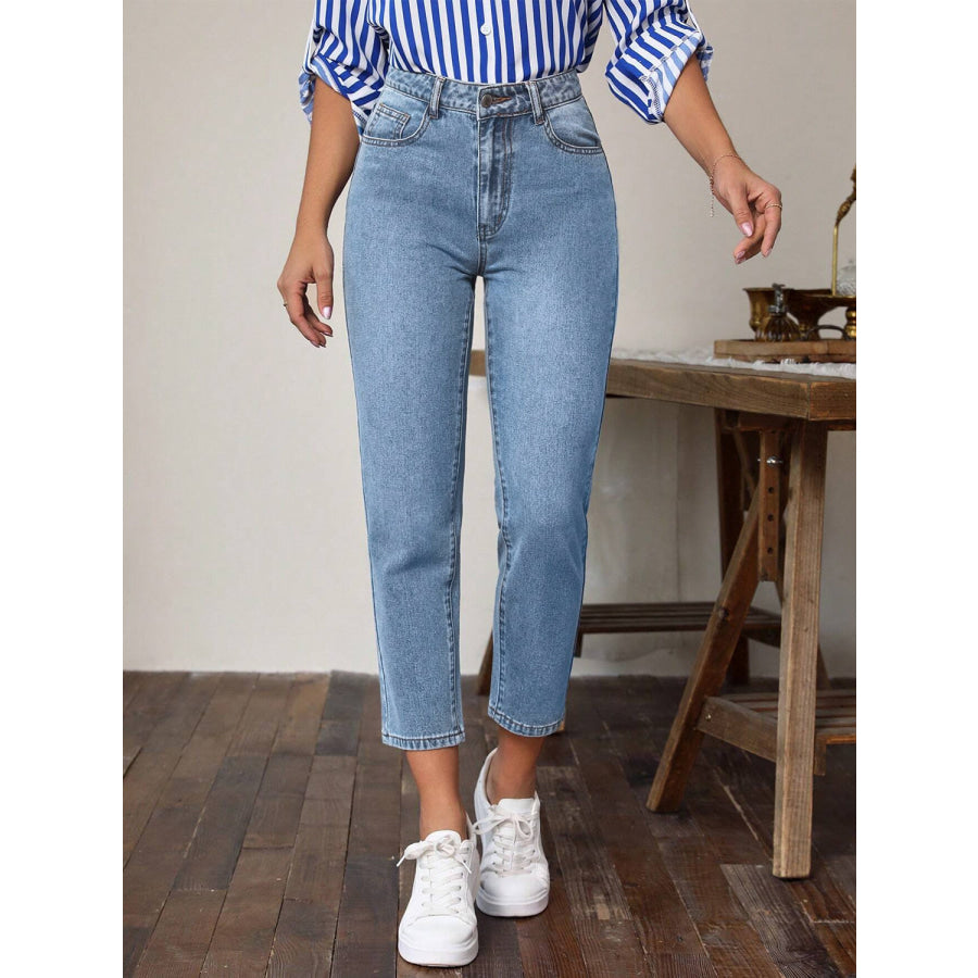 High Waist Jeans with Pockets Apparel and Accessories