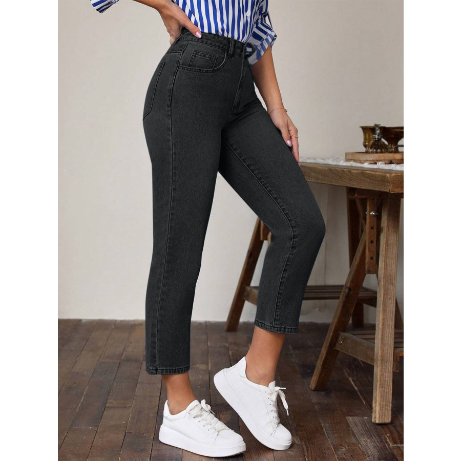 High Waist Jeans with Pockets Black / S Apparel and Accessories