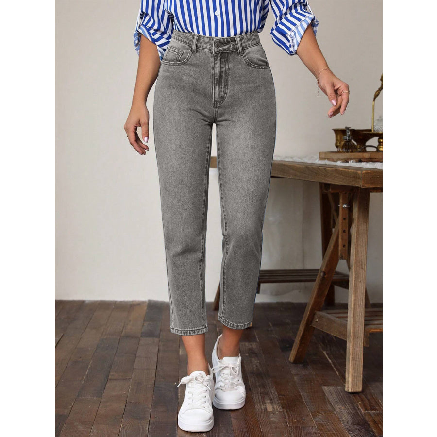 High Waist Jeans with Pockets Gray / S Apparel and Accessories