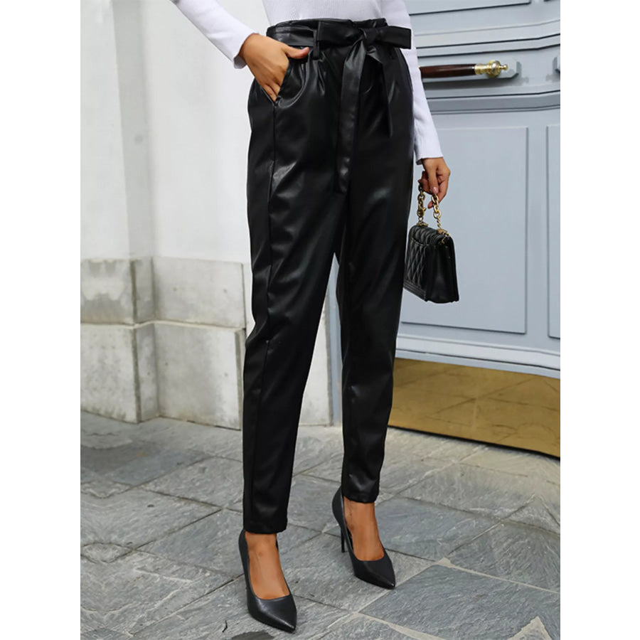 High Waist Leather Tie-Waist Pants Apparel and Accessories