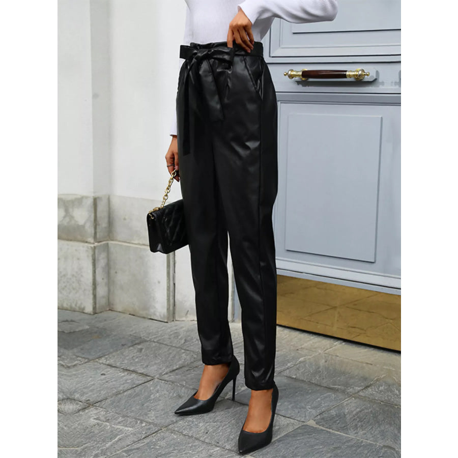 High Waist Leather Tie-Waist Pants Apparel and Accessories