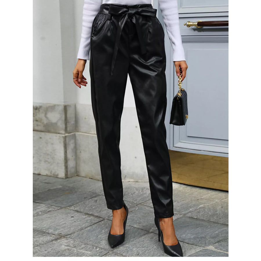 High Waist Leather Tie-Waist Pants Black / M Apparel and Accessories